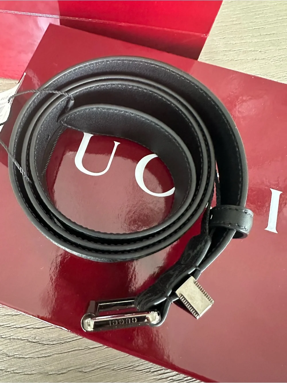 Gucci Men's Black/Gray Monogram Leather Belt with Silver Buckle 90cm